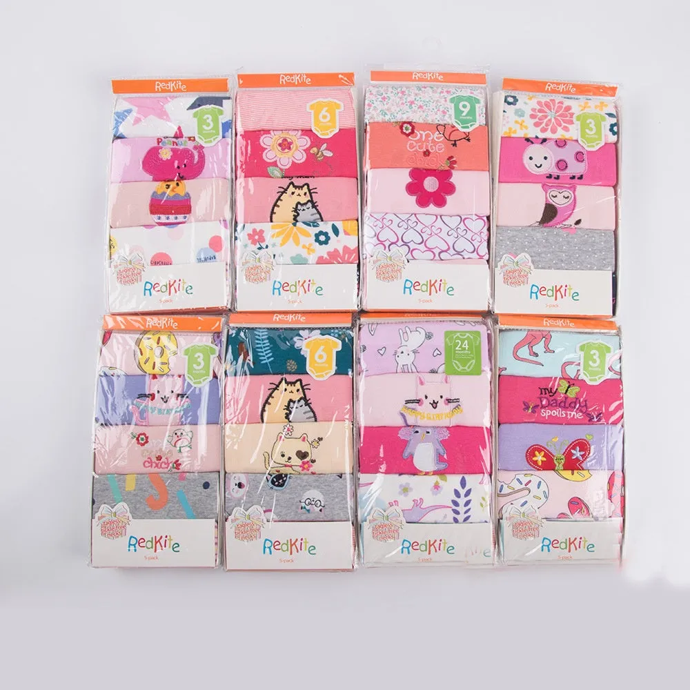 Baby Triangle Harmony 5-piece cotton bodysuit set with random colour, sizes 3 months to 24 months