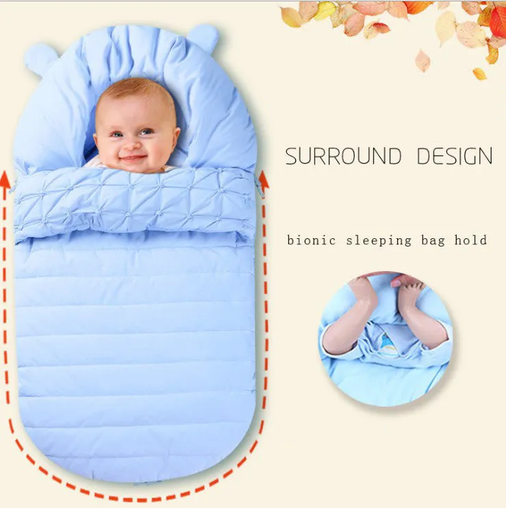 Baby sleeping bag in blue, made from nylon faux silk fleece, size 45x90cm