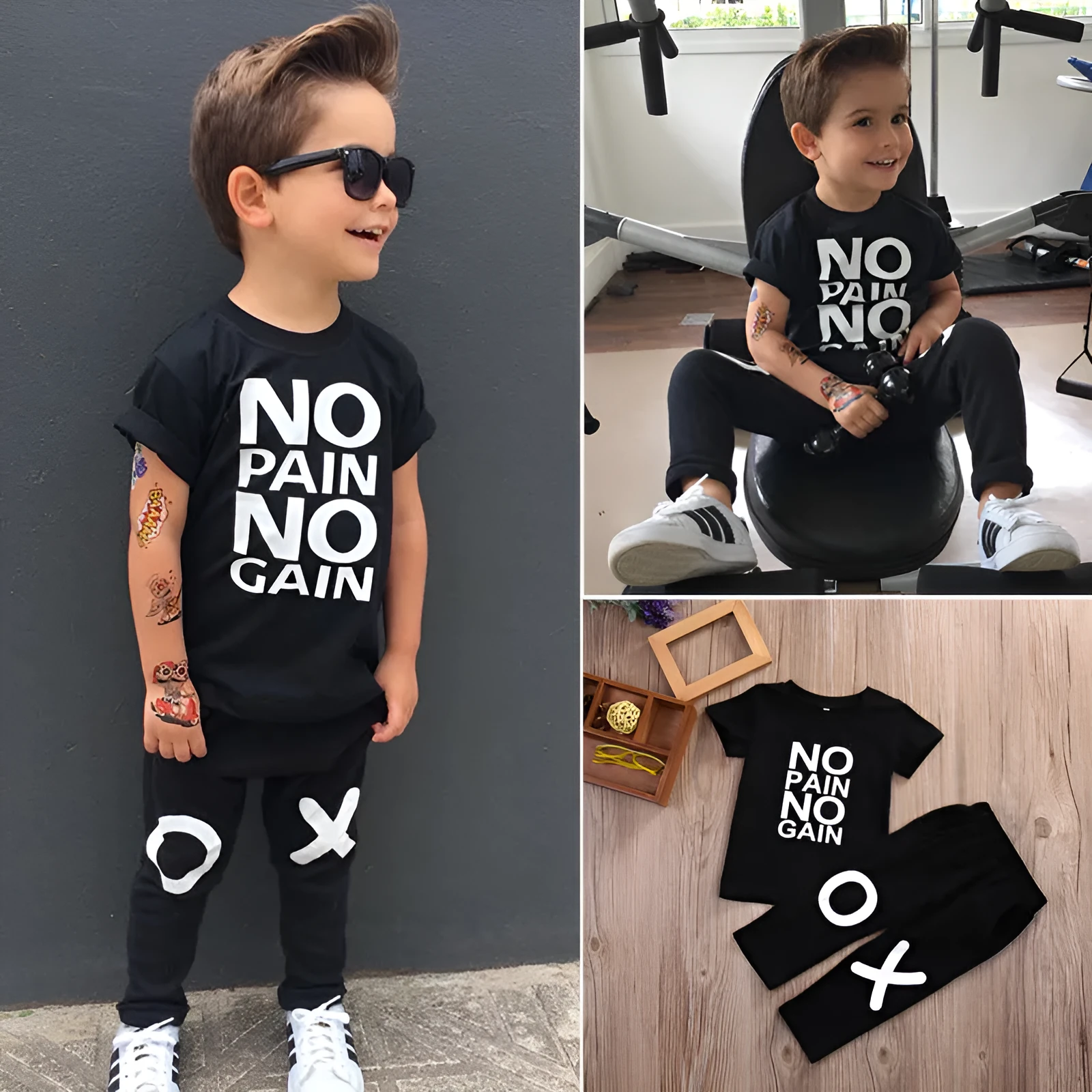 Black summer children's cotton short sleeve two-piece set on a white background