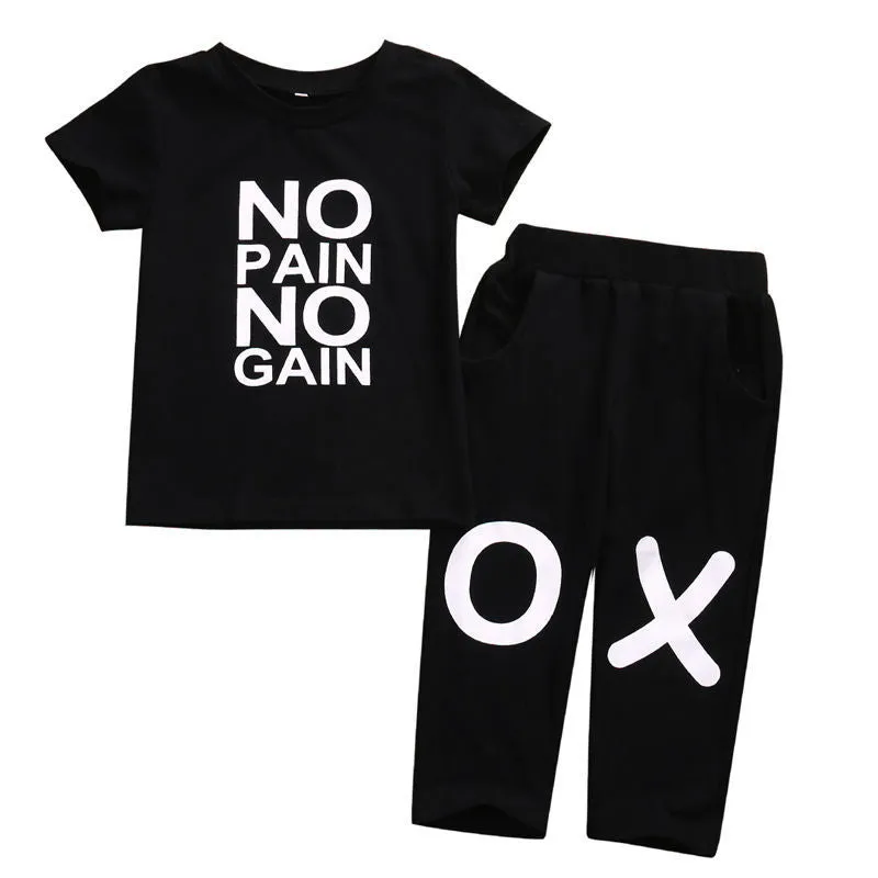Black summer children's cotton short sleeve two-piece set on a white background