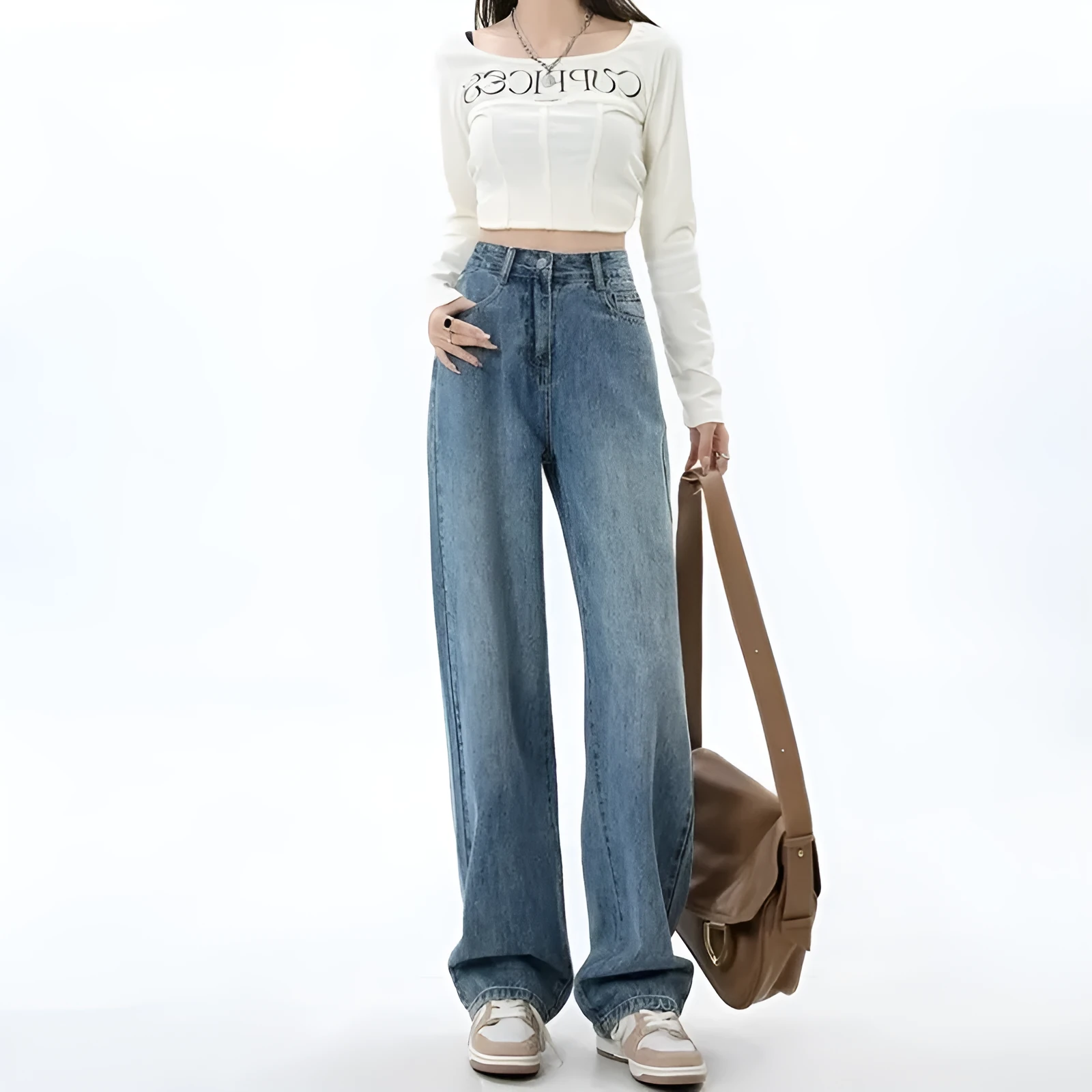 Retro blue high waist wide leg jeans for women on a hanger