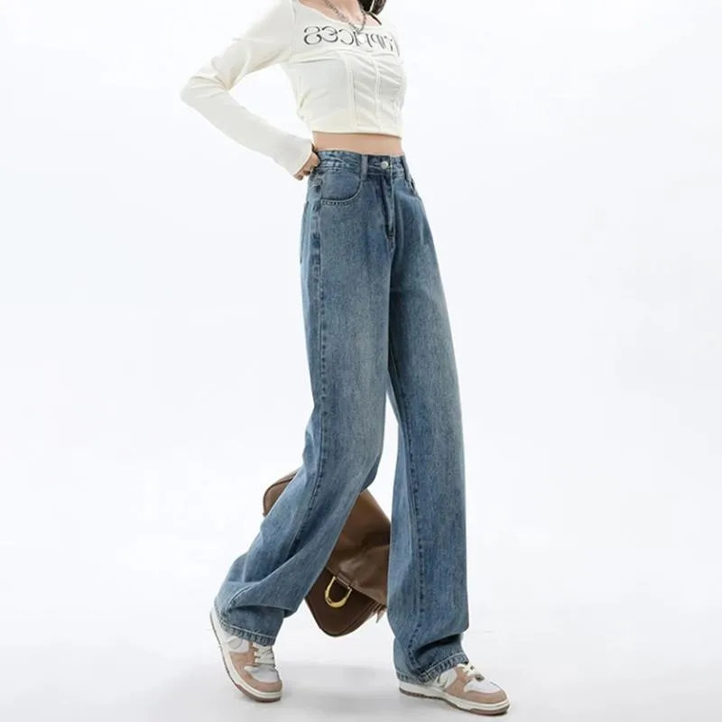 Retro blue high waist wide leg jeans for women on a hanger