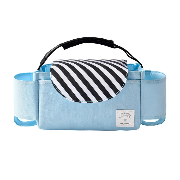 Oxford cloth hanging mommy bag with 20-35L capacity for car baby storage, in black, dark gray, sky blue, and pink tassels colours
