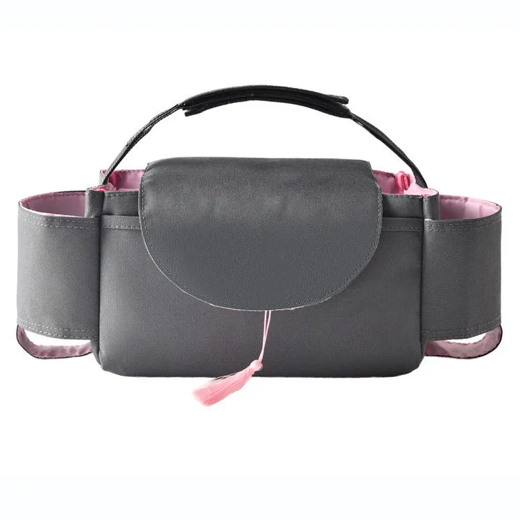 Oxford cloth hanging mommy bag with 20-35L capacity for car baby storage, in black, dark gray, sky blue, and pink tassels colours