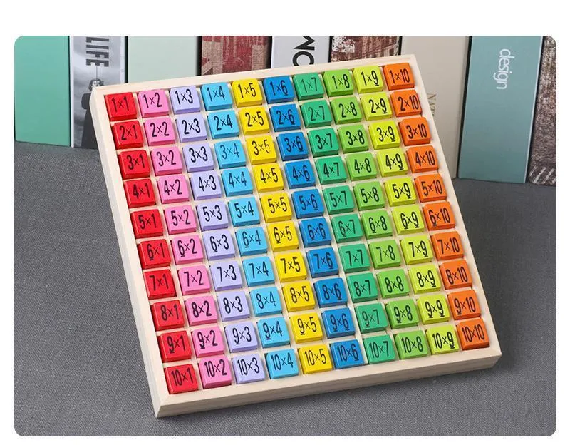 Wooden multi-coloured multiplication table with numbered cubes and base board