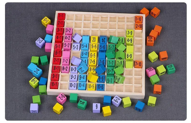 Wooden multi-coloured multiplication table with numbered cubes and base board