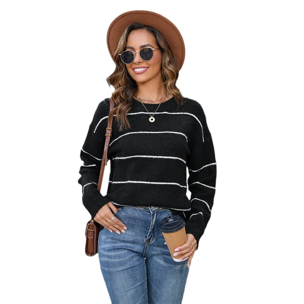 Women's striped loose fit pullover sweater round neck street fashion casual wear