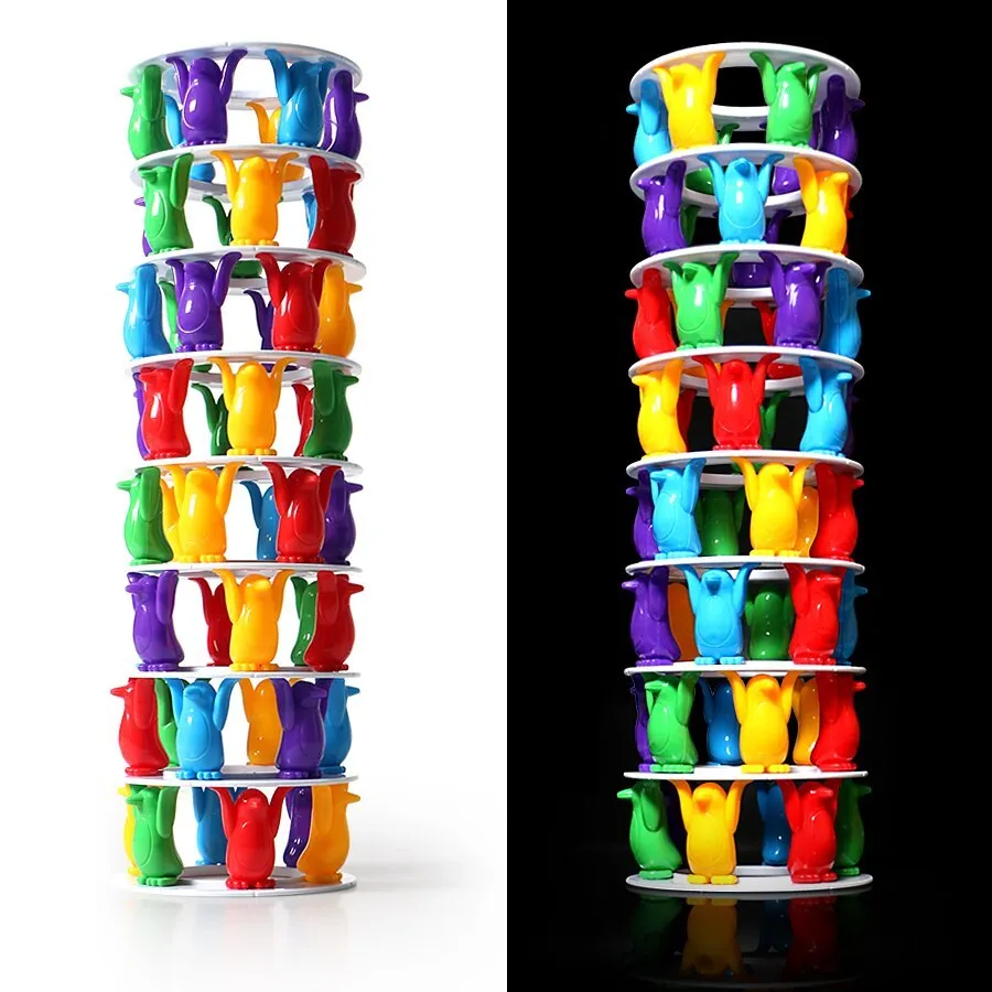 Penguin tower collapse desktop balance game for kids ages 4-6, plastic construction