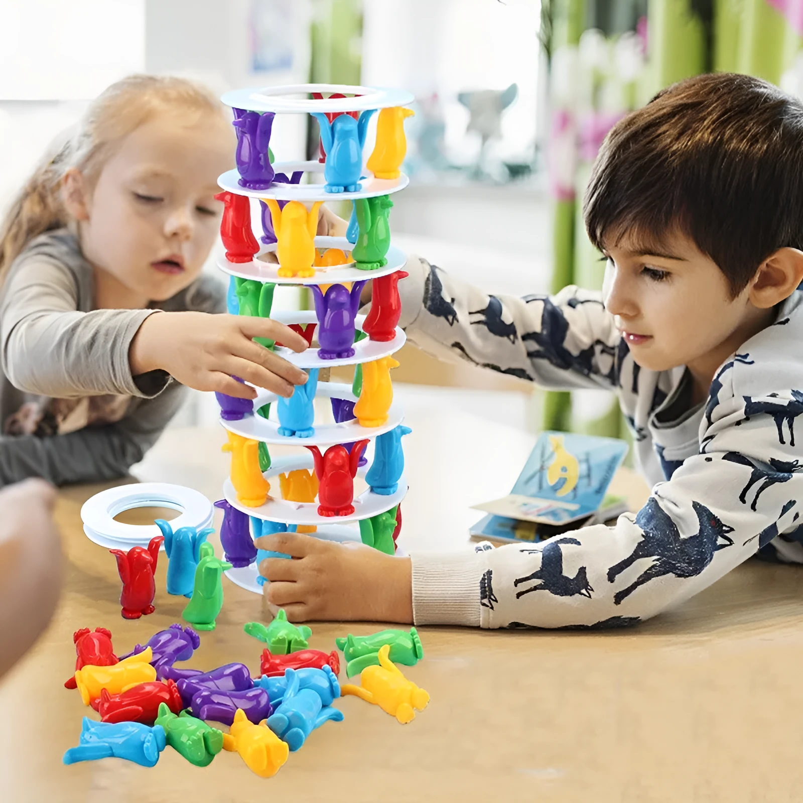 Penguin tower collapse desktop balance game for kids ages 4-6, plastic construction