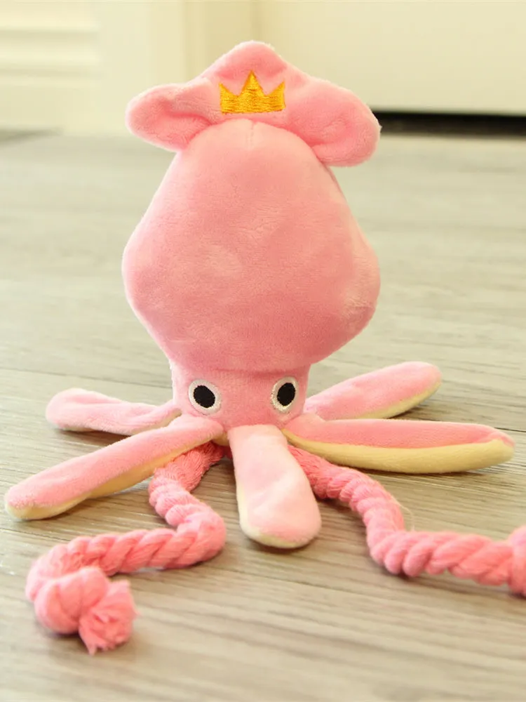 Pink octopus pet plush rope toy for dogs with tentacle design and rope construction