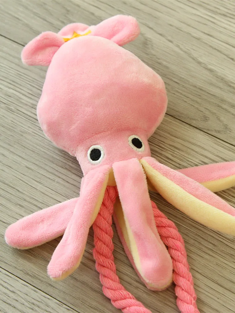 Pink octopus pet plush rope toy for dogs with tentacle design and rope construction