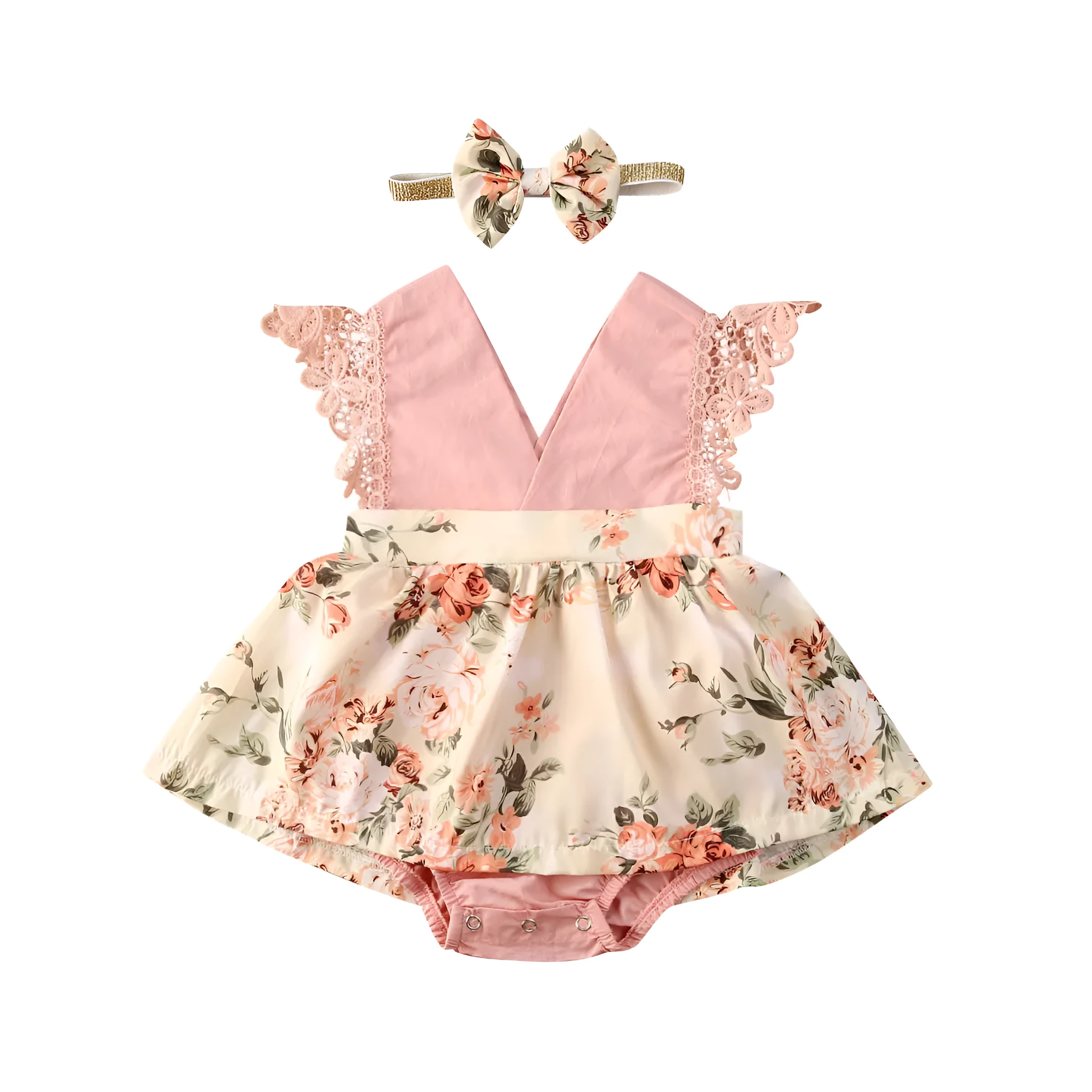Baby girl pink floral lace V neck sleeveless jumpsuit with matching headband on white background