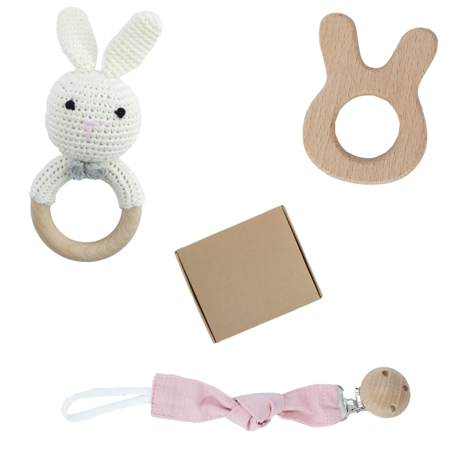Wooden teether gift box for babies 3 months old with elephant, rabbit, and giraffe design options