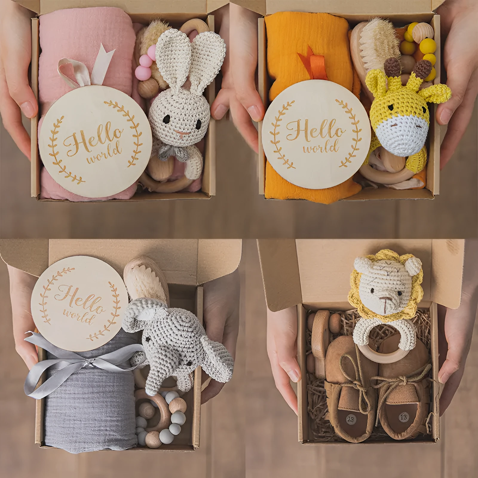 Wooden teether gift box for babies 3 months old with elephant, rabbit, and giraffe design options
