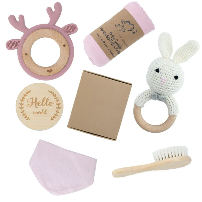 Wooden teether gift box for babies 3 months old with elephant, rabbit, and giraffe design options