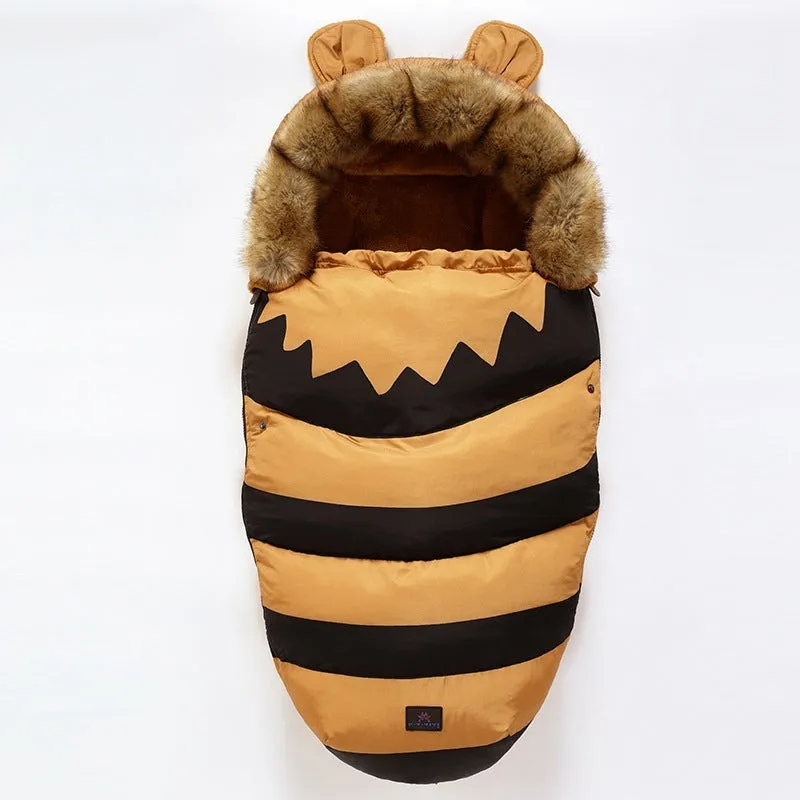 Baby warm cocoon style sleeping bag on a neutral background demonstrating solid colour design with zip closure