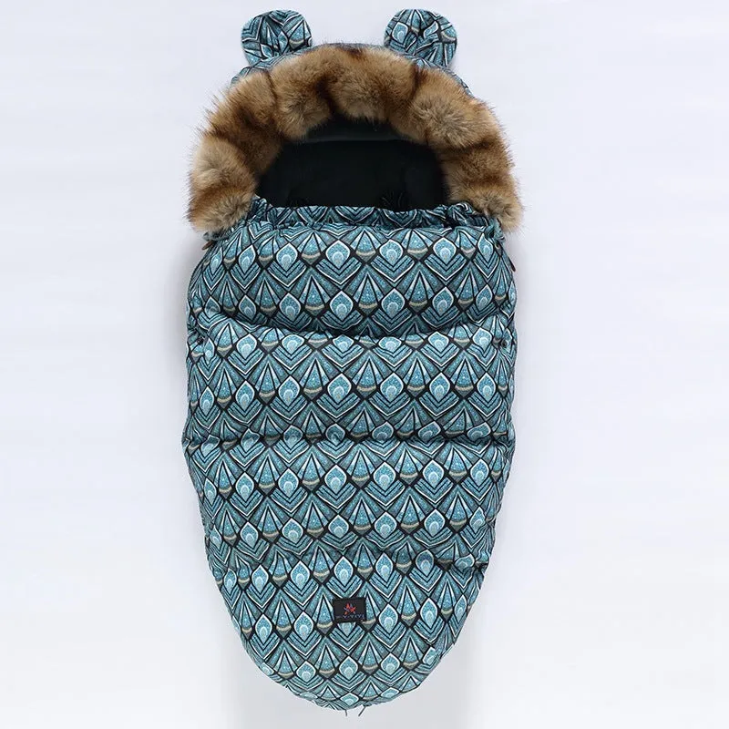Baby warm cocoon style sleeping bag on a neutral background demonstrating solid colour design with zip closure