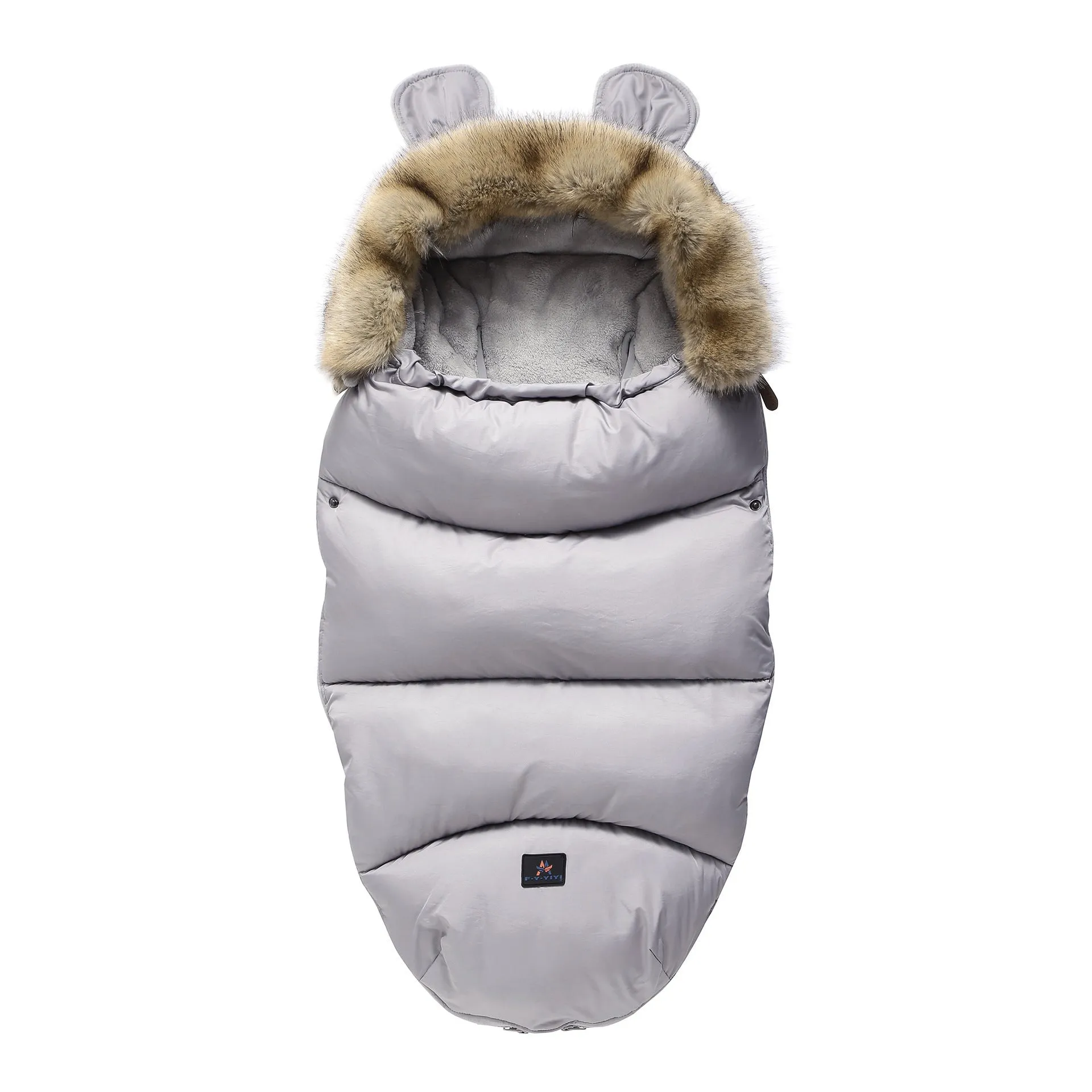 Baby warm cocoon style sleeping bag on a neutral background demonstrating solid colour design with zip closure
