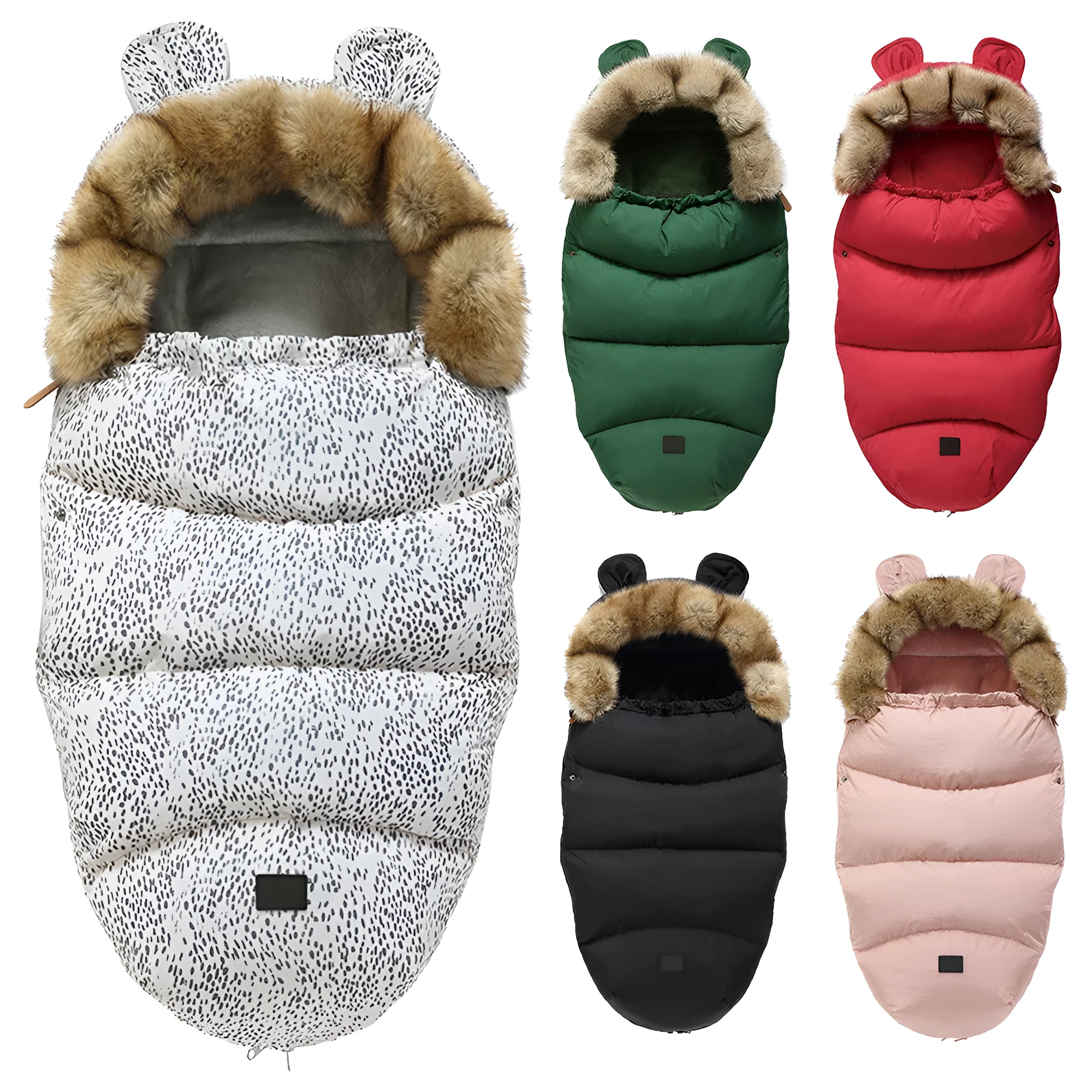 Baby warm cocoon style sleeping bag on a neutral background demonstrating solid colour design with zip closure