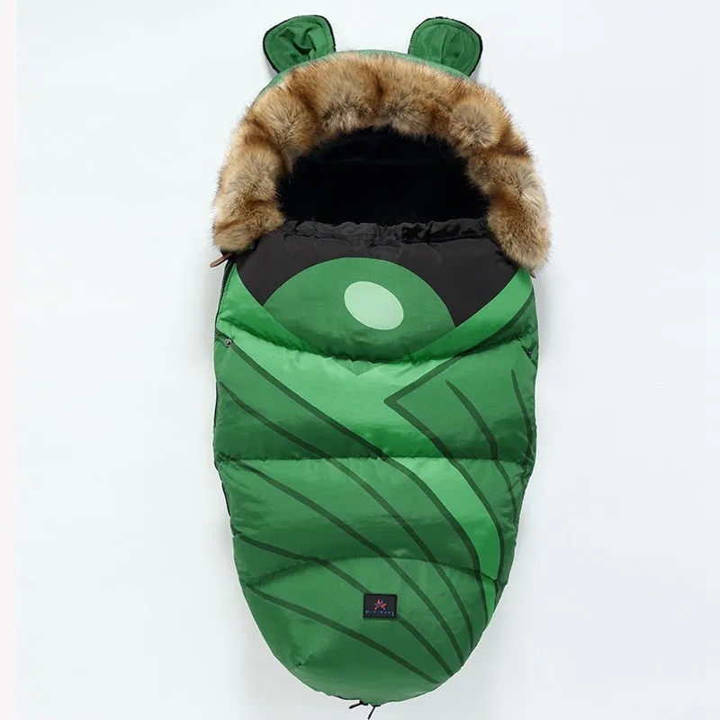 Baby warm cocoon style sleeping bag on a neutral background demonstrating solid colour design with zip closure