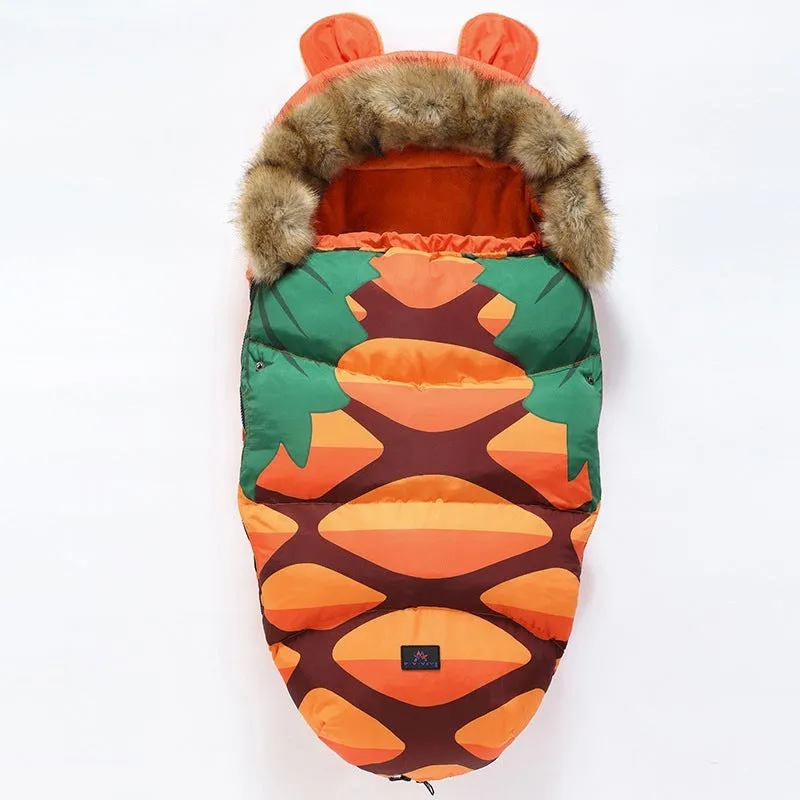 Baby warm cocoon style sleeping bag on a neutral background demonstrating solid colour design with zip closure