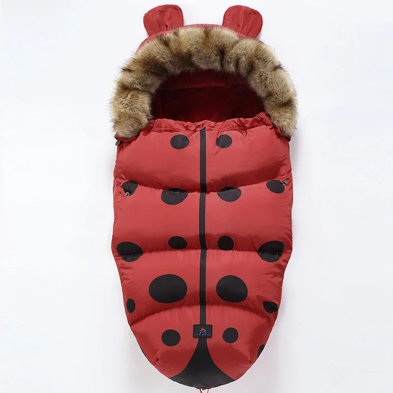Baby warm cocoon style sleeping bag on a neutral background demonstrating solid colour design with zip closure
