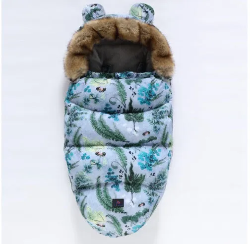 Baby warm cocoon style sleeping bag on a neutral background demonstrating solid colour design with zip closure