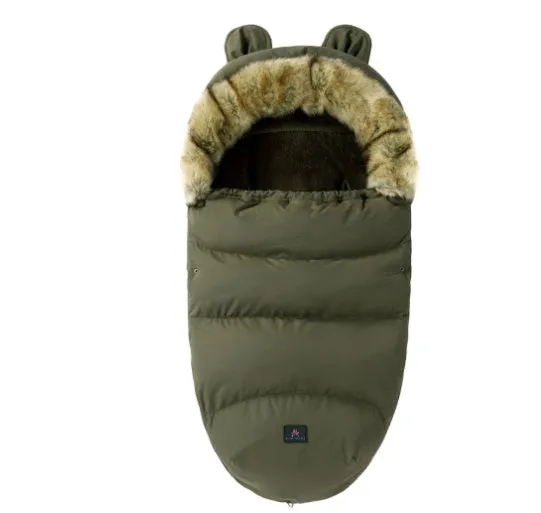 Baby warm cocoon style sleeping bag on a neutral background demonstrating solid colour design with zip closure