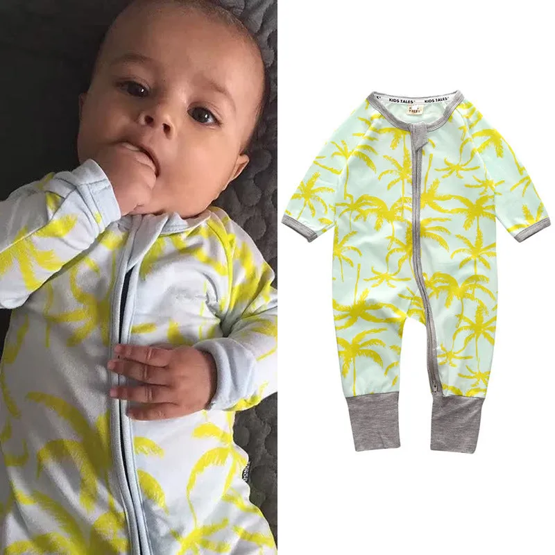 Spring baby onesie with long sleeves and zipper closure in blue pineapple colour for unisex newborn