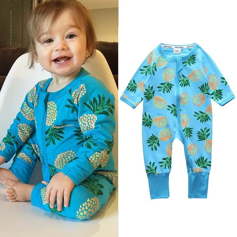 Spring baby onesie with long sleeves and zipper closure in blue pineapple colour for unisex newborn