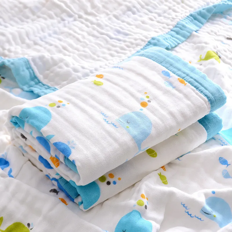 Newborn baby bath towel in pure cotton gauze, 110x110cm, six-layer construction, printed design, available in multiple colours
