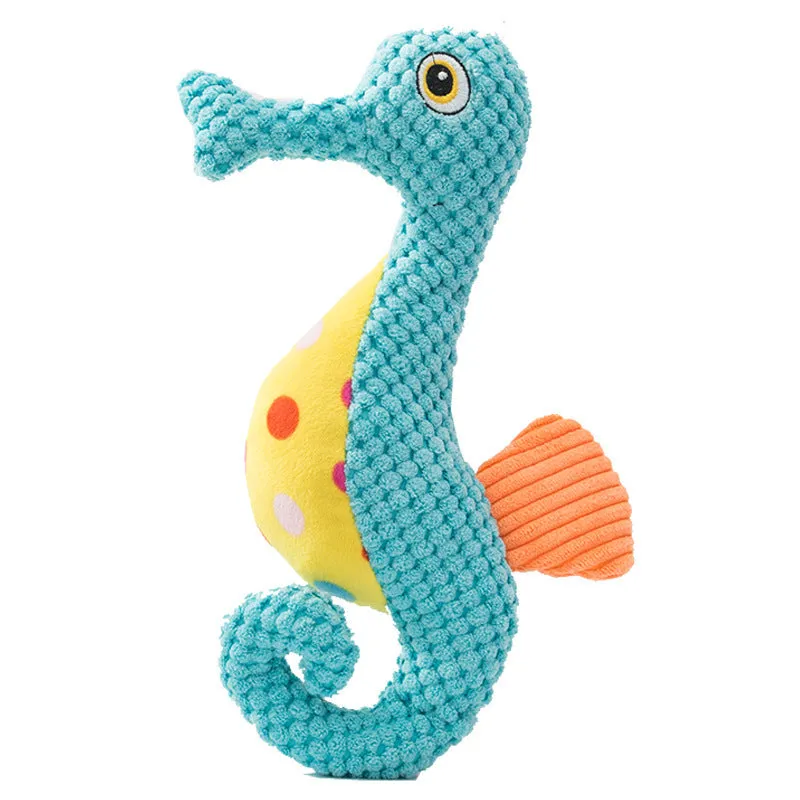 Light blue seahorse dog toy plush made from bite-resistant pineapple velvet, weighing 100g