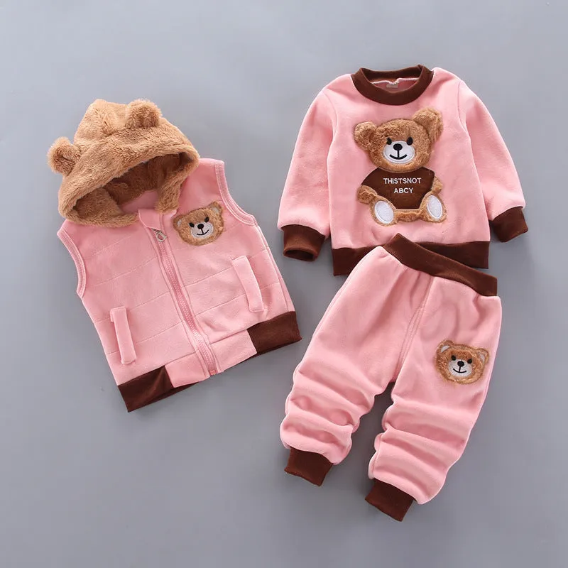 Children's thick three-piece cotton suit in bear blue with top, trousers and extra piece for toddlers aged 0-4 years