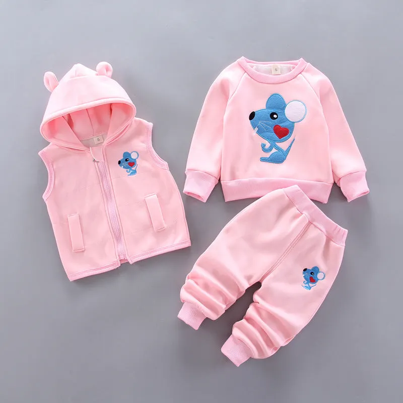 Children's thick three-piece cotton suit in bear blue with top, trousers and extra piece for toddlers aged 0-4 years