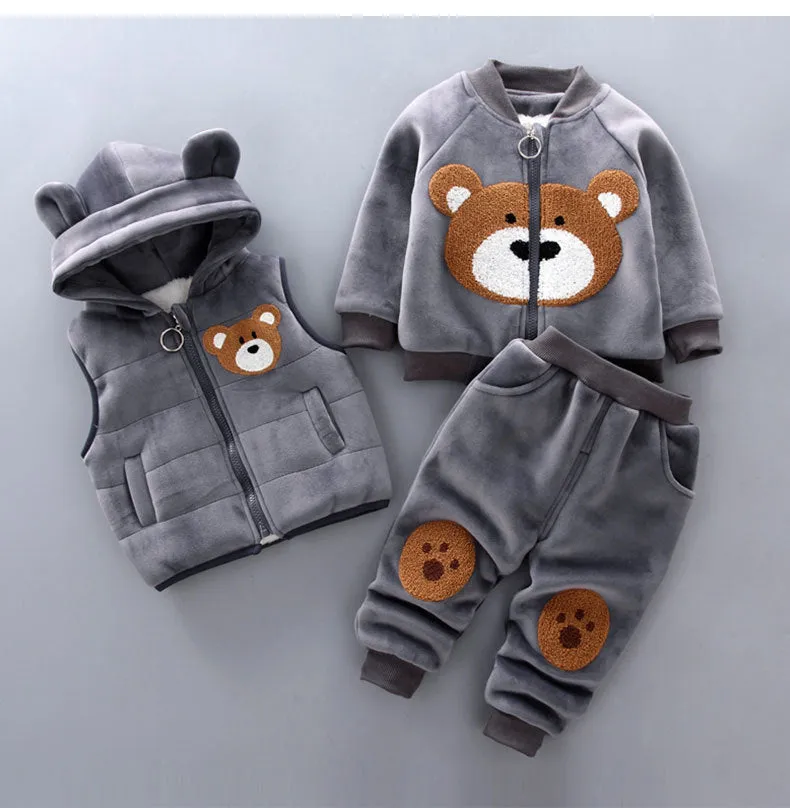 Children's thick three-piece cotton suit in bear blue with top, trousers and extra piece for toddlers aged 0-4 years