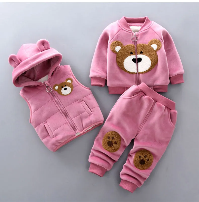 Children's thick three-piece cotton suit in bear blue with top, trousers and extra piece for toddlers aged 0-4 years