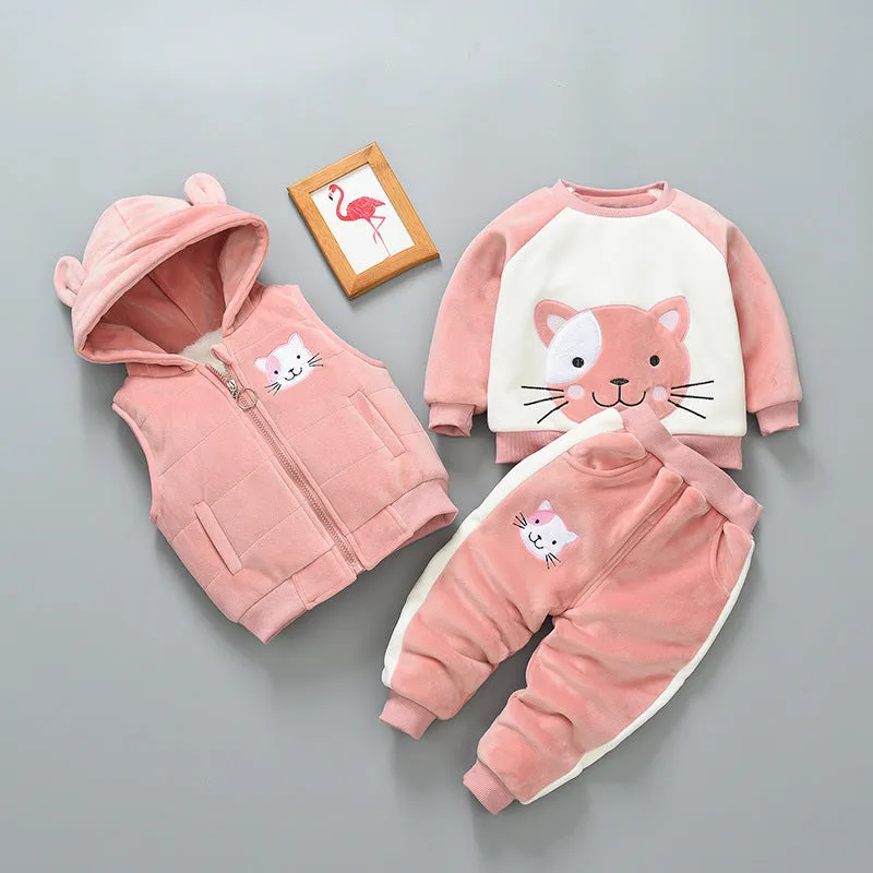 Children's thick three-piece cotton suit in bear blue with top, trousers and extra piece for toddlers aged 0-4 years
