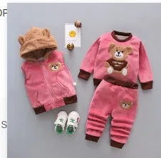 Children's thick three-piece cotton suit in bear blue with top, trousers and extra piece for toddlers aged 0-4 years