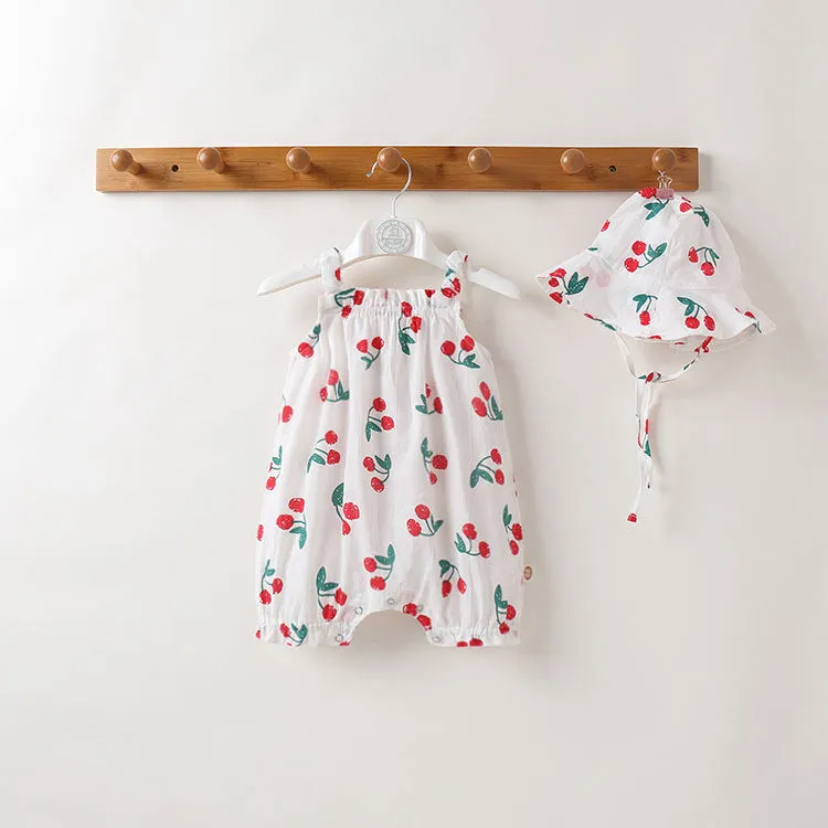 Baby girl cotton romper in smiley sunflower print sleeveless with detachable hood