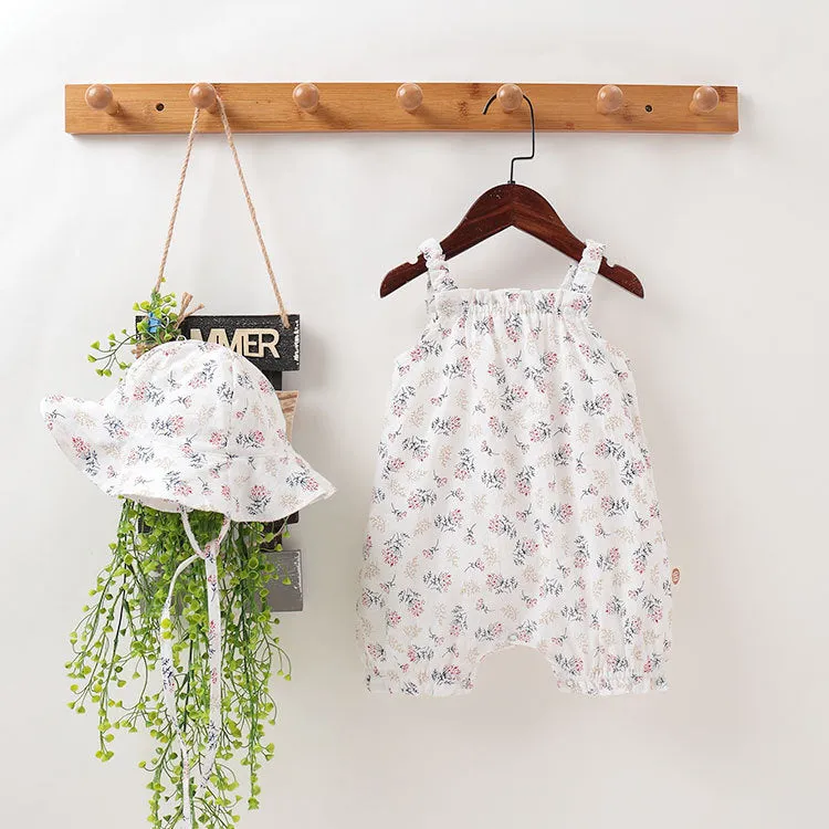 Baby girl cotton romper in smiley sunflower print sleeveless with detachable hood