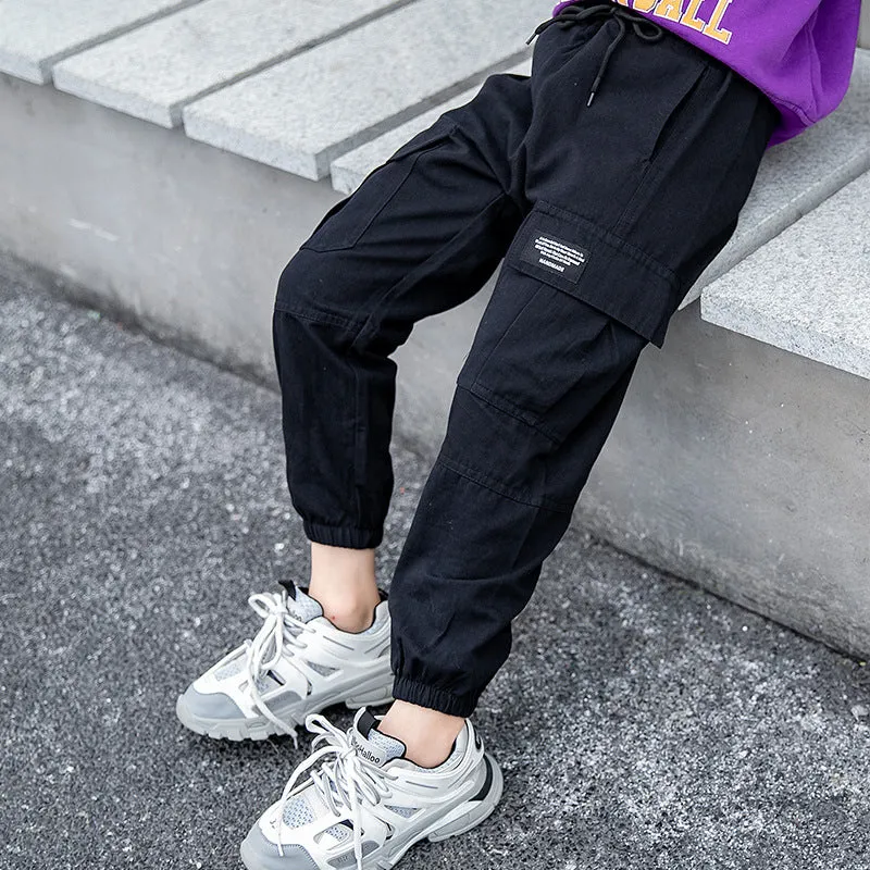 Children's 100% cotton workwear leggings trousers in black, sizes 110-160cm, with elastic waistband