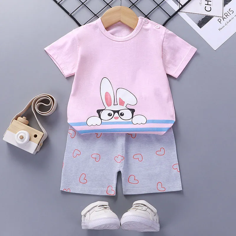 Children's cotton short-sleeved suit with shorts, enzyme-wash finish, plain pattern, available in multiple colours and sizes 73-130CM