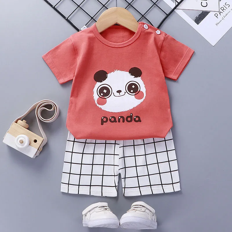 Children's cotton short-sleeved suit with shorts, enzyme-wash finish, plain pattern, available in multiple colours and sizes 73-130CM