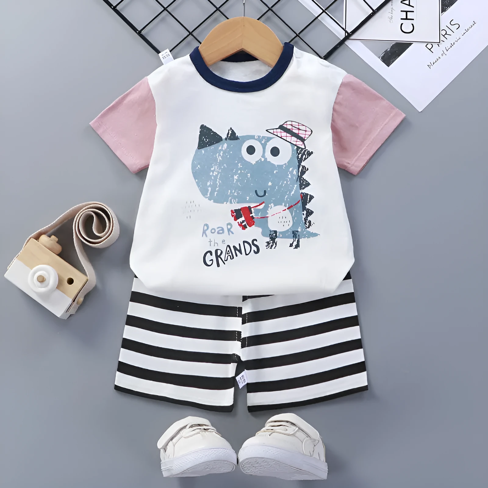Children's cotton short-sleeved suit with shorts, enzyme-wash finish, plain pattern, available in multiple colours and sizes 73-130CM