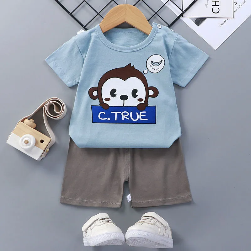Children's cotton short-sleeved suit with shorts, enzyme-wash finish, plain pattern, available in multiple colours and sizes 73-130CM