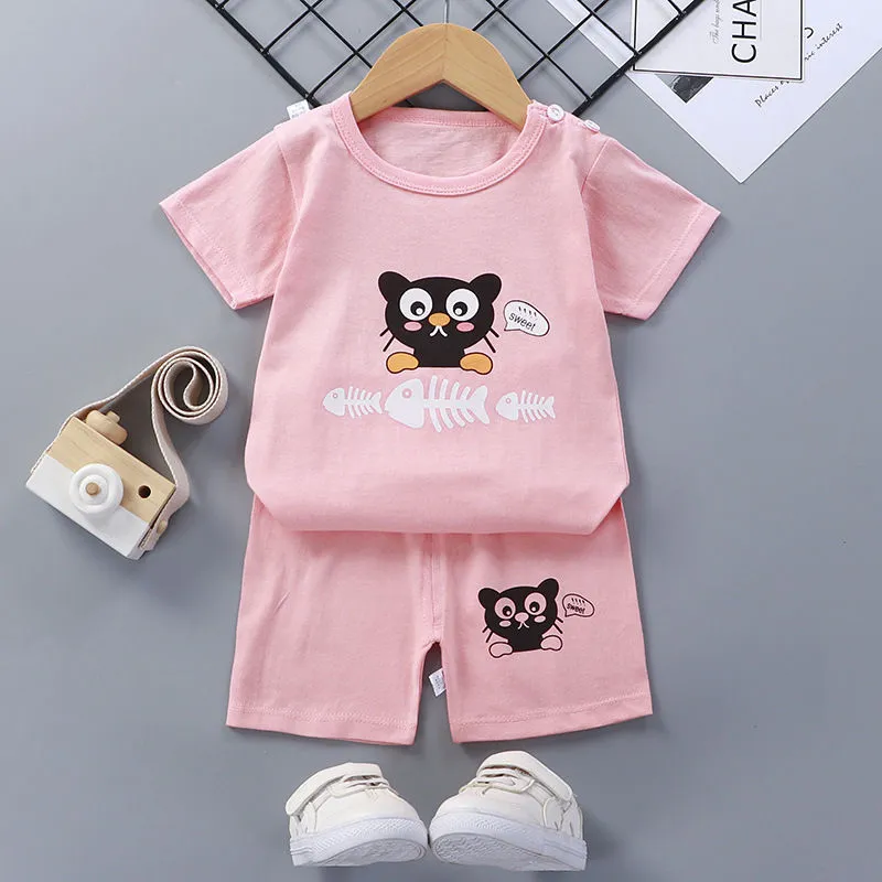 Children's cotton short-sleeved suit with shorts, enzyme-wash finish, plain pattern, available in multiple colours and sizes 73-130CM