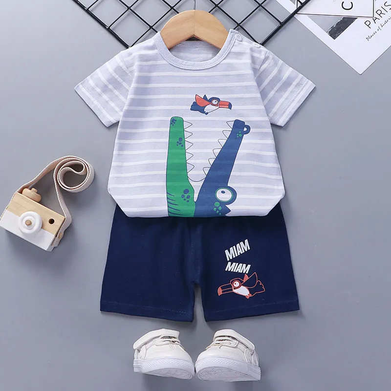 Children's cotton short-sleeved suit with shorts, enzyme-wash finish, plain pattern, available in multiple colours and sizes 73-130CM