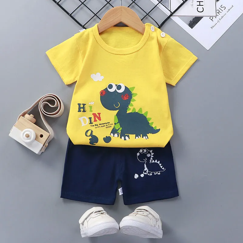 Children's cotton short-sleeved suit with shorts, enzyme-wash finish, plain pattern, available in multiple colours and sizes 73-130CM