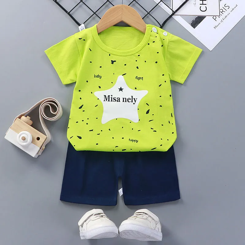 Children's cotton short-sleeved suit with shorts, enzyme-wash finish, plain pattern, available in multiple colours and sizes 73-130CM