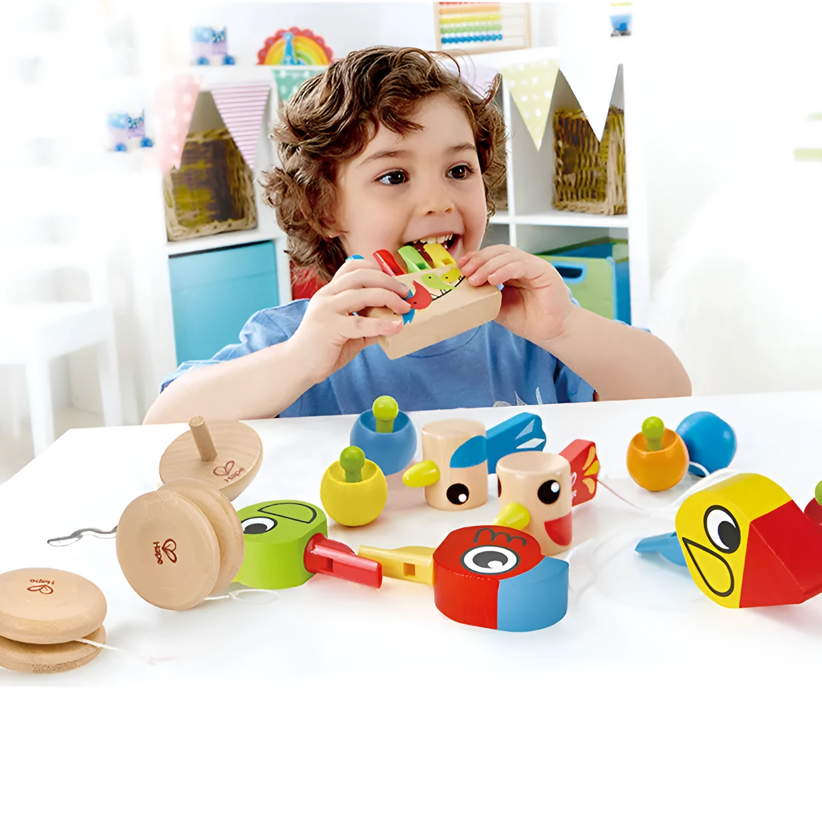 Wooden rainbow pan flute educational toy for baby early music play, beech type, colour box packaging